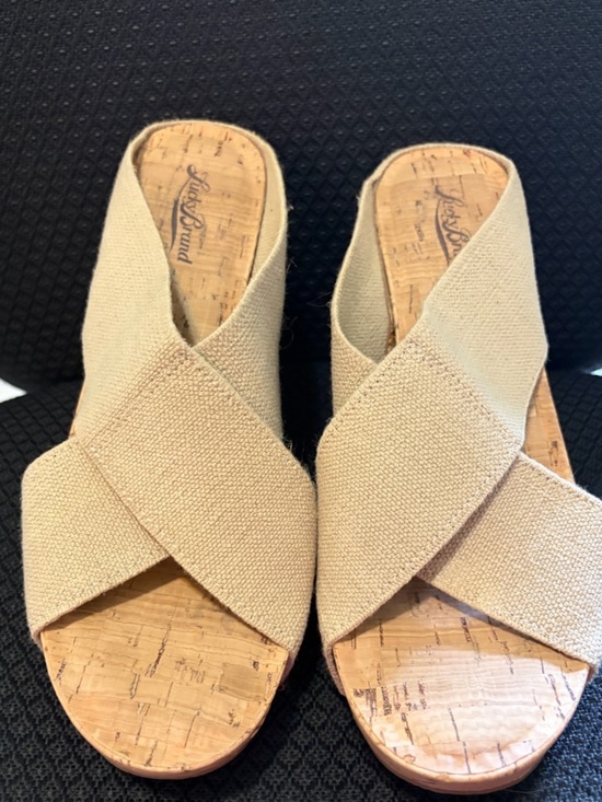 Lucky Brand Shoes - Lucky Brand Beige Crisscross Cork Wedge Slides
